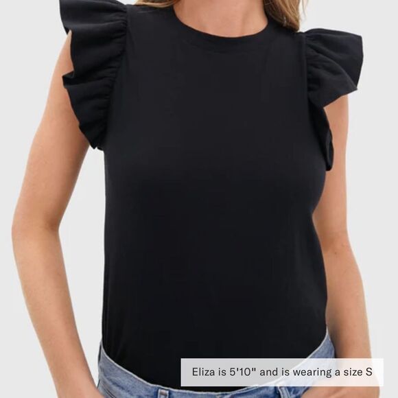 Frame Denim Black KAIA Flutter Sleeve Ruffled T-Shirt - NWOT - Size Medium - Picture 1 of 5